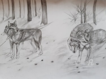 Drawing titled "Собаки (лайки-хаски)" by Irina Androsova, Original Artwork, Graphite