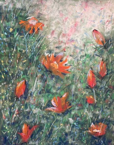 Painting titled "Green Harmony: Red…" by Irina Anis, Original Artwork, Pastel