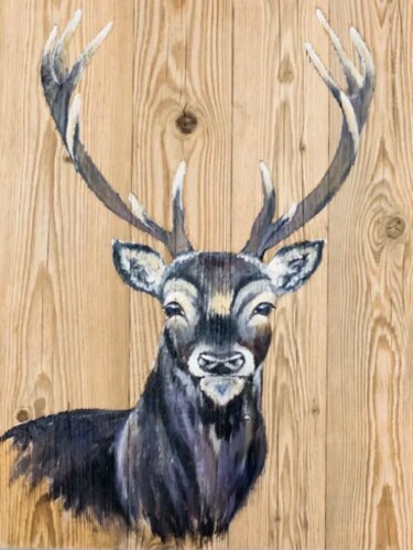 Картина под названием "Deer on barn boards" - Ирина Багель (Дмитрий С , Лилия К), Подлинное произведение искусства, Акрил
