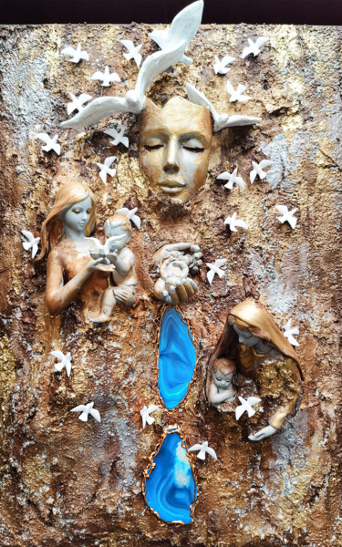 Sculpture titled "Love Tree of life.…" by Irina Bast, Original Artwork, Ceramics Mounted on Wood Panel