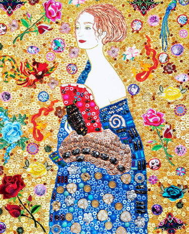 Painting titled "Lady with Fan Gusta…" by Irina Bast, Original Artwork, Mosaic Mounted on Wood Stretcher frame
