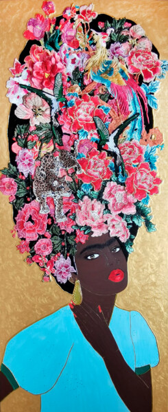Peinture intitulée "African Frida Kahlo…" par Irina Bast, Œuvre d'art originale, Broderie Monté sur Châssis en bois
