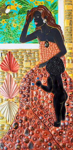Rzeźba zatytułowany „Black mother and ba…” autorstwa Irina Bast, Oryginalna praca, Mozaika Zamontowany na Drewniana rama nos…