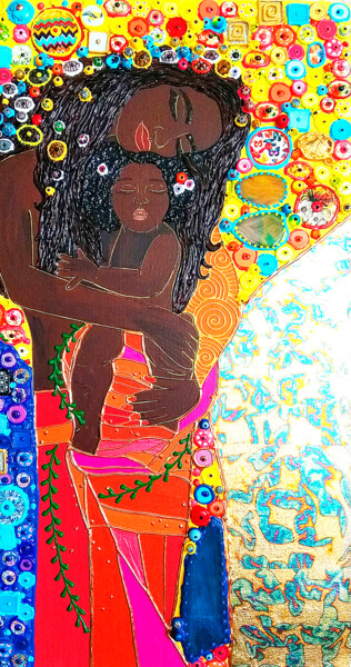 Painting titled "Black mother and ch…" by Irina Bast, Original Artwork, Acrylic Mounted on Wood Stretcher frame