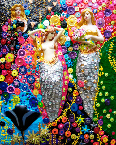 "Mermaids - Original…" başlıklı Heykel Irina Bast tarafından, Orijinal sanat, Seramik Ahşap panel üzerine monte edilmiş