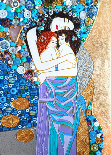 Malerei mit dem Titel "Twins babies Mom po…" von Irina Bast, Original-Kunstwerk, Mosaik Auf Keilrahmen aus Holz montiert