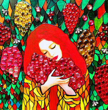 Sculpture titled "Woman & grape origi…" by Irina Bast, Original Artwork, Photo Montage Mounted on Wood Stretcher frame