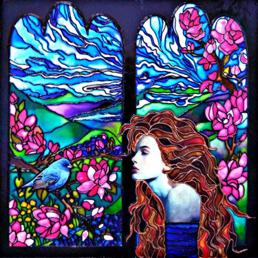 Pintura intitulada "Blue Bird and Woman…" por Irina Bast, Obras de arte originais, Pintura de vitral Montado em Outro painel…
