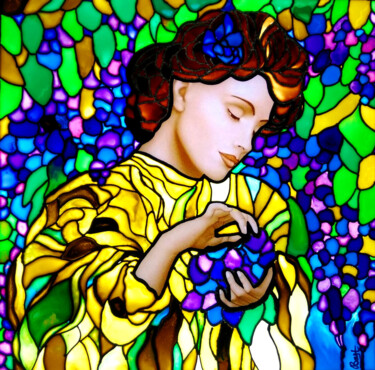 Картина под названием "Woman and grape - o…" - Irina Bast, Подлинное произведение искусства, Чернила Установлен на Деревянна…