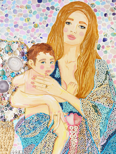 Malarstwo zatytułowany „Woman and child / M…” autorstwa Irina Bast, Oryginalna praca, Akryl Zamontowany na Drewniana rama no…