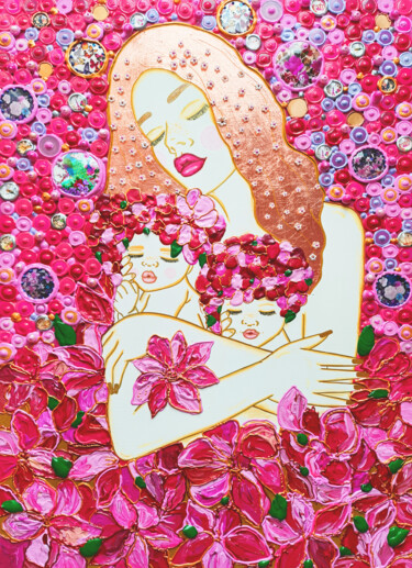 Painting titled "Mother and babies.…" by Irina Bast, Original Artwork, Mosaic Mounted on Wood Stretcher frame