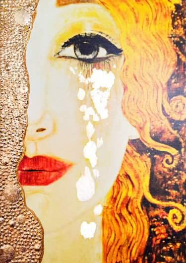 Painting titled "Golden Tears - woma…" by Irina Bast, Original Artwork, Ink Mounted on Wood Stretcher frame
