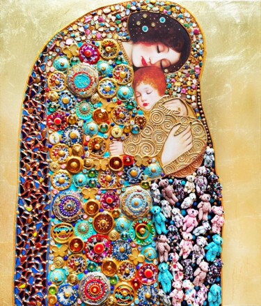 Malerei mit dem Titel "Mother and baby lov…" von Irina Bast, Original-Kunstwerk, Mosaik Auf Keilrahmen aus Holz montiert