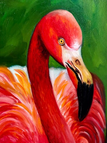 Painting titled "Red Flamingo Oil Pa…" by Irina Biunger, Original Artwork, Oil