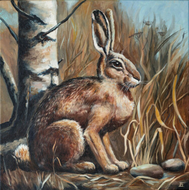 Schilderij getiteld "Waiting. Hare Oil P…" door Irina Biunger, Origineel Kunstwerk, Olie