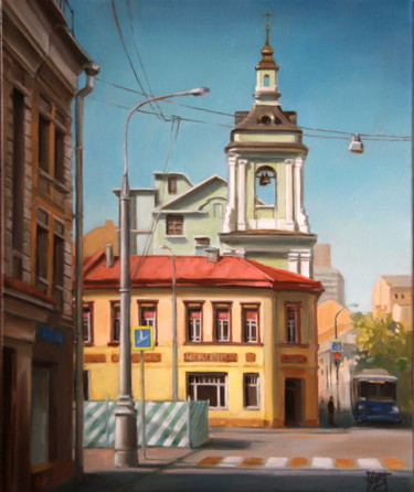 Painting titled "Утро на улице Покро…" by Irina Bogdanova, Original Artwork, Oil Mounted on Wood Stretcher frame