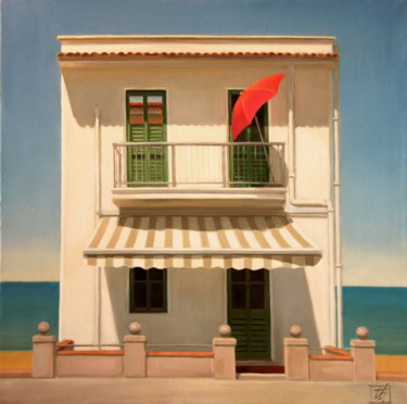 Schilderij getiteld "Белый дом" door Irina Bogdanova, Origineel Kunstwerk, Olie Gemonteerd op Frame voor houten brancard