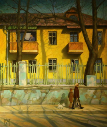 Painting titled "Жёлтый дом" by Irina Bogdanova, Original Artwork, Oil Mounted on Wood Stretcher frame