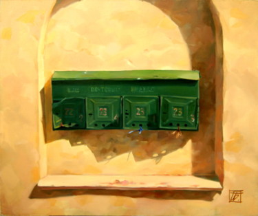 绘画 标题为“Старые почтовые ящи…” 由Irina Bogdanova, 原创艺术品, 油 安装在木质担架架上
