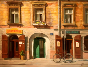 Painting titled "Зелёная дверь" by Irina Bogdanova, Original Artwork, Oil Mounted on Wood Stretcher frame
