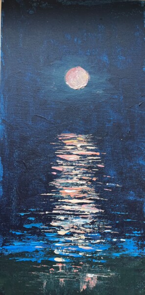 Painting titled "The Moon above the…" by Irina Brazhnikova, Original Artwork, Oil Mounted on Wood Panel