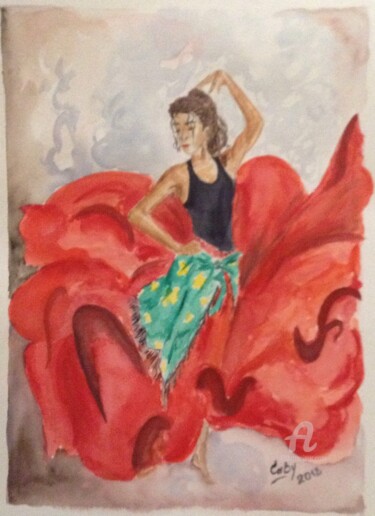 Painting titled "Danse gitane en rou…" by Irina Caby (Bonbon.mme), Original Artwork, Watercolor