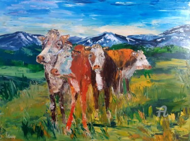 Painting titled "4 vaches allemandes" by Irina Caby (Bonbon.mme), Original Artwork, Oil