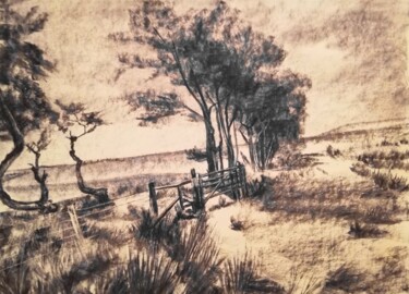 Drawing titled "Paysage 3" by Irina Cavat, Original Artwork, Charcoal Mounted on Other rigid panel