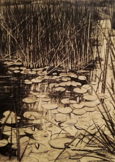 Drawing titled "Paysage 6" by Irina Cavat, Original Artwork, Charcoal Mounted on Other rigid panel
