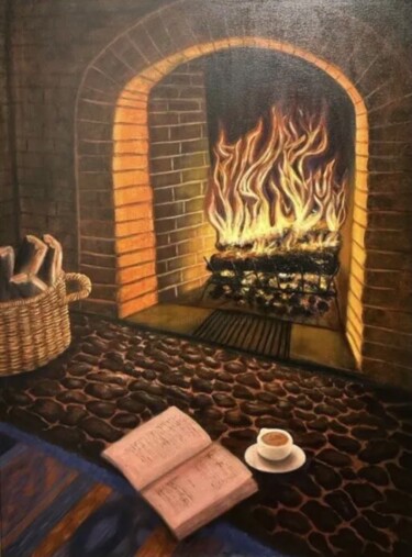 Painting titled "Fireplace" by Irina Gauss, Original Artwork, Oil Mounted on Wood Stretcher frame