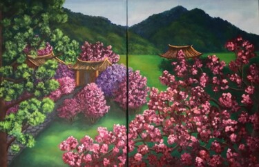 Malerei mit dem Titel "Japanischer Garten" von Irina Gauss, Original-Kunstwerk, Öl Auf Keilrahmen aus Holz montiert