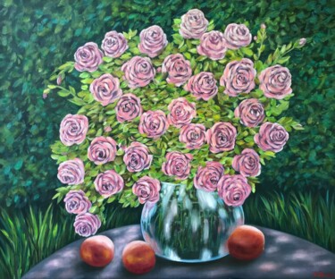 Painting titled "Roses" by Irina Gauss, Original Artwork, Oil Mounted on Wood Stretcher frame