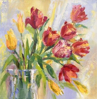 Malarstwo zatytułowany „Тюльпаны” autorstwa Ирина Гинтс, Oryginalna praca, Olej Zamontowany na Drewniana rama noszy
