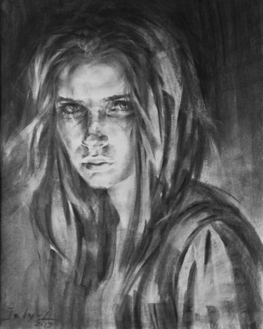 Рисунок под названием "Portrait young woma…" - Irina Inozemtseva-Lopes, Подлинное произведение искусства, Древесный уголь