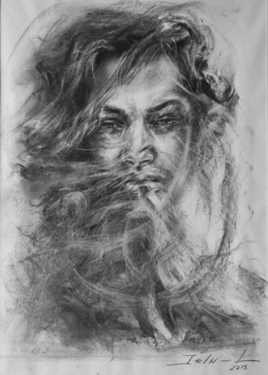 Disegno intitolato "Portrait young woma…" da Irina Inozemtseva-Lopes, Opera d'arte originale, Carbone