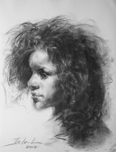 Рисунок под названием "Portrait young woma…" - Irina Inozemtseva-Lopes, Подлинное произведение искусства, Древесный уголь