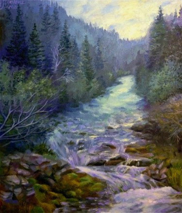 Painting titled "Mountain river" by Irina Zhigalova, Original Artwork, Oil Mounted on Wood Stretcher frame