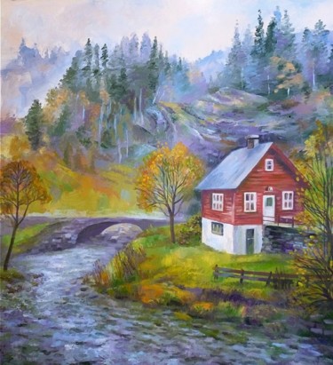 Painting titled "House by the river" by Irina Zhigalova, Original Artwork, Oil Mounted on Wood Stretcher frame