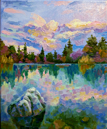 Painting titled "Lake with a stone" by Irina Zhigalova, Original Artwork, Oil Mounted on Wood Stretcher frame