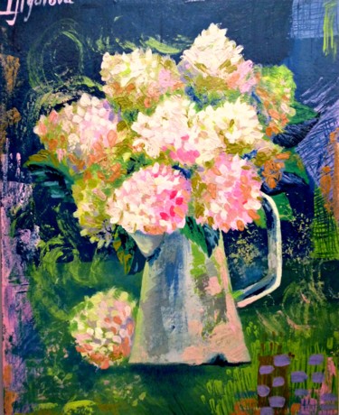 Картина под названием "Bouquet of hydrange…" - Ирина Жигалова, Подлинное произведение искусства, Акрил Установлен на картон