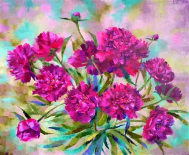 Картина под названием "Purple Peonies" - Ирина Жигалова, Подлинное произведение искусства, Масло Установлен на Деревянная ра…