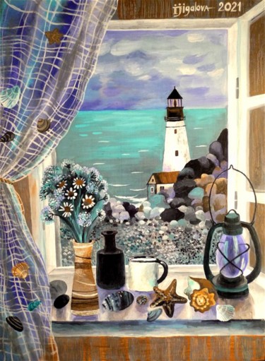 Painting titled "Морской натюрморт" by Irina Zhigalova, Original Artwork, Acrylic Mounted on Other rigid panel