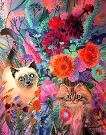 Painting titled "Кошки в саду" by Irina Zhigalova, Original Artwork, Acrylic Mounted on Other rigid panel