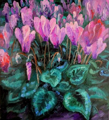 Painting titled "Cyclamen" by Irina Zhigalova, Original Artwork, Oil Mounted on Other rigid panel