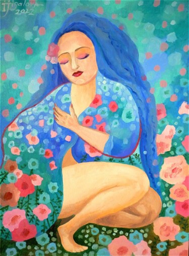 Painting titled "Девушка с голубыми…" by Irina Zhigalova, Original Artwork, Oil Mounted on Other rigid panel