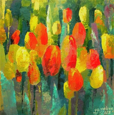 Painting titled "Tulipes jaune-rouge" by Irina Zhigalova, Original Artwork, Oil Mounted on Other rigid panel