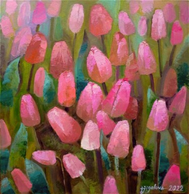 Peinture intitulée "Tulipes roses" par Irina Zhigalova, Œuvre d'art originale, Huile Monté sur Autre panneau rigide