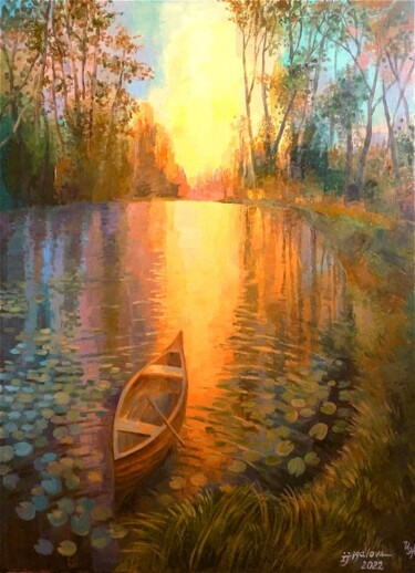 Painting titled "Лодка на озере" by Irina Zhigalova, Original Artwork, Oil Mounted on Wood Stretcher frame