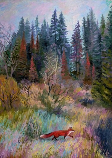 Painting titled "Лиса в лесу" by Irina Zhigalova, Original Artwork, Oil Mounted on Other rigid panel