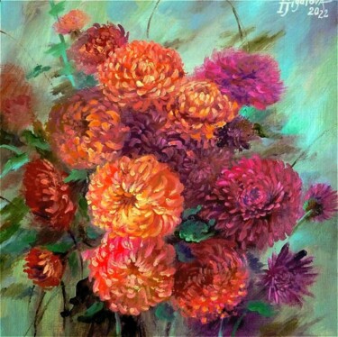 Картина под названием "Бордовые хризантемы" - Ирина Жигалова, Подлинное произведение искусства, Масло Установлен на Другая ж…